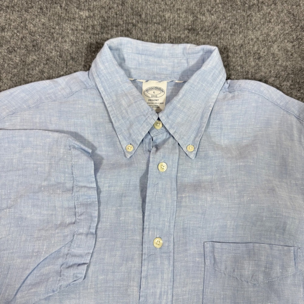 Brooks Brothers Regent Short Sleeve Button Down Men L Blue 100% Linen EUC